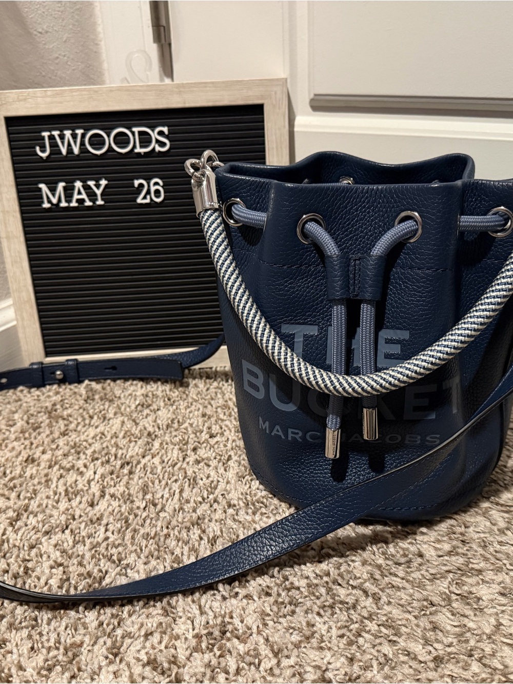 Marc Jacobs Navy Pebbled Leather Mini Bucket Bag with Rope Drawstring